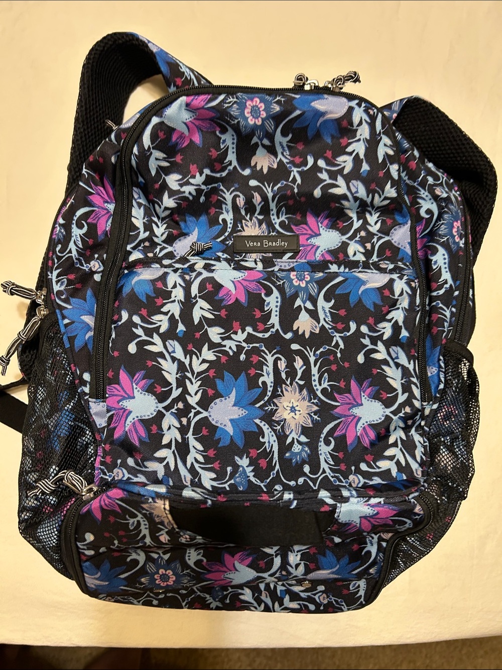 Vera Bradley Black Floral Backpack with Blue & Pink Accents